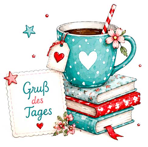 Illustration: Eine tĂŒrkise Tasse mit Herz auf einem Stapel bunter BĂŒcher, daneben ein Zettel mit der Aufschrift âGruĂ des Tagesâ