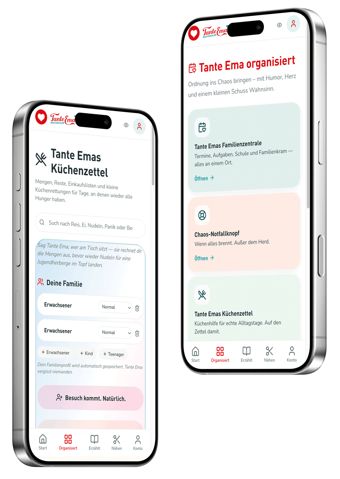 Zwei Smartphones mit der Tante Ema App – Küchenzettel und Familienzentrale