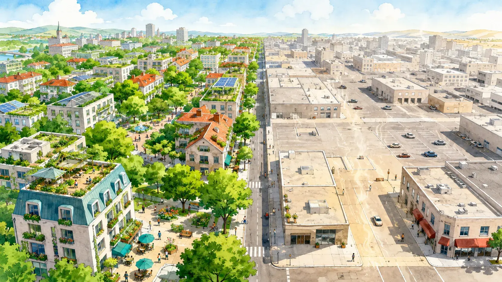 Illustration aus der Vogelperspektive: eine grüne, mit Bäumen gepflanzte Stadtseite neben einer grauen, versiegelten Stadtseite voller Parkplätze