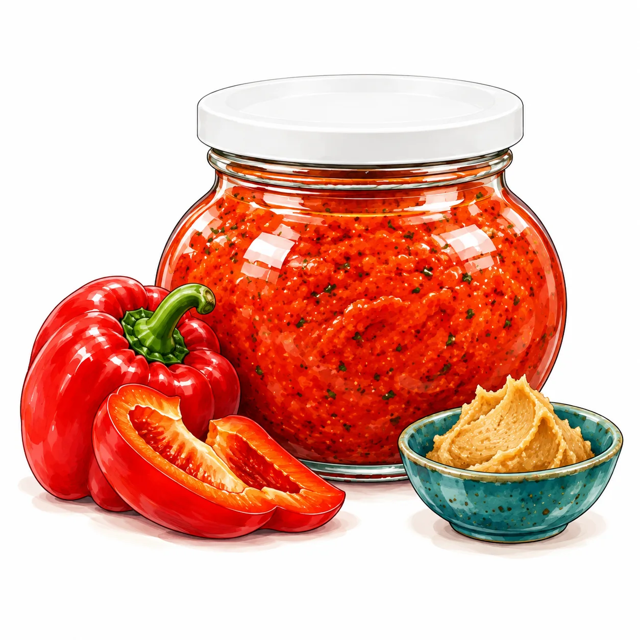 Glas mit Paprika-Miso-Paste und ihren Zutaten