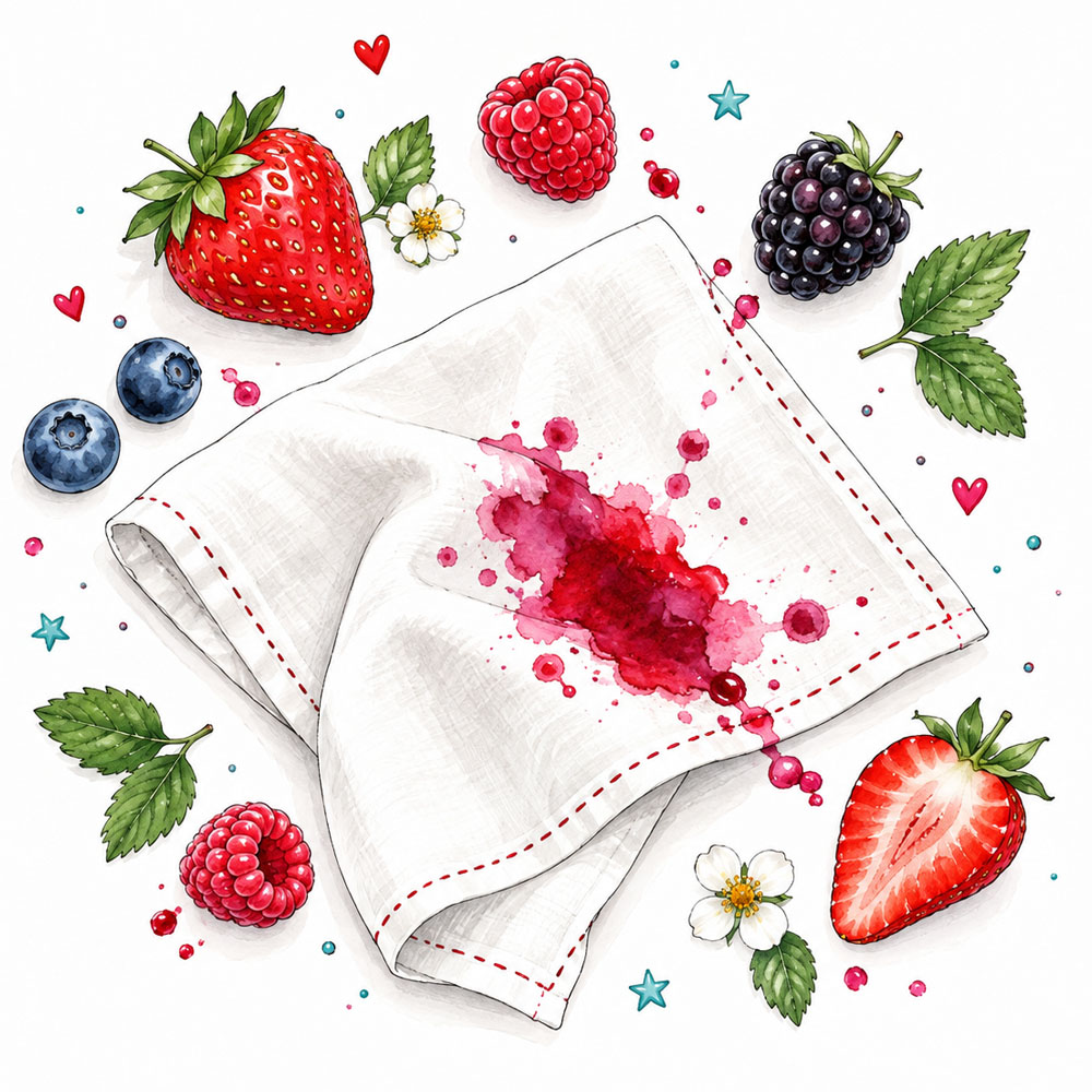 Illustration: Obst & Saftfleck auf einem Tuch