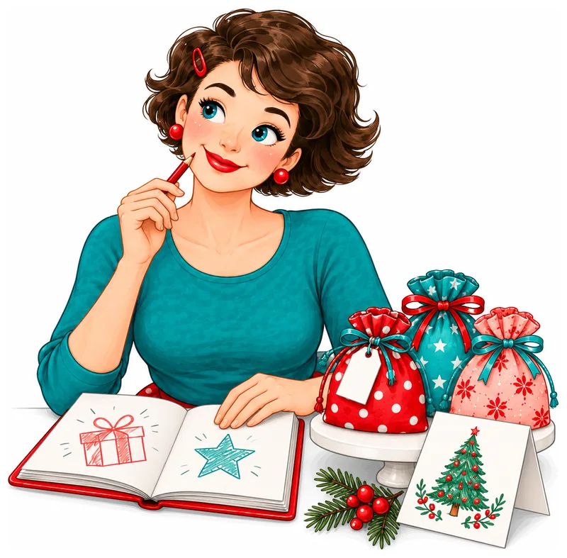Tante Ema sammelt Geschenkideen im roten Notizbuch, daneben Geschenkbeutel und eine Weihnachtskarte