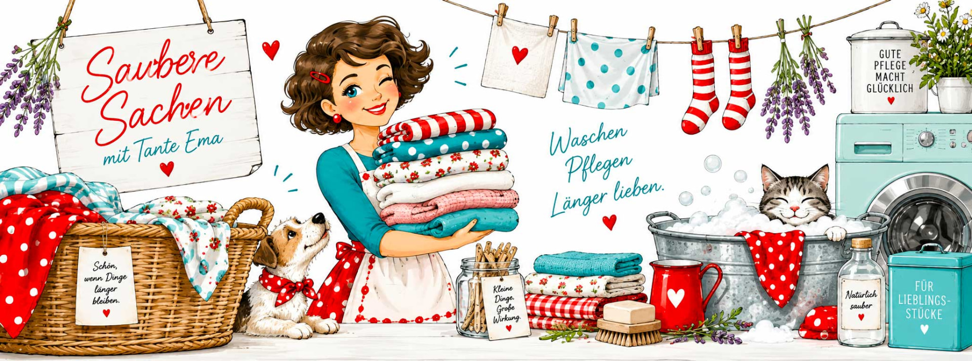 Illustration: Tante Ema mit einem Stapel frisch gewaschener Stoffe, Wäscheleine, Hund und Katze in der Wanne, Waschmaschine, Schild „Saubere Sachen mit Tante Ema“