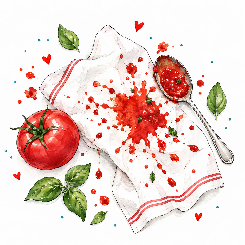 Illustration: Tomatensoßefleck auf einem Tuch