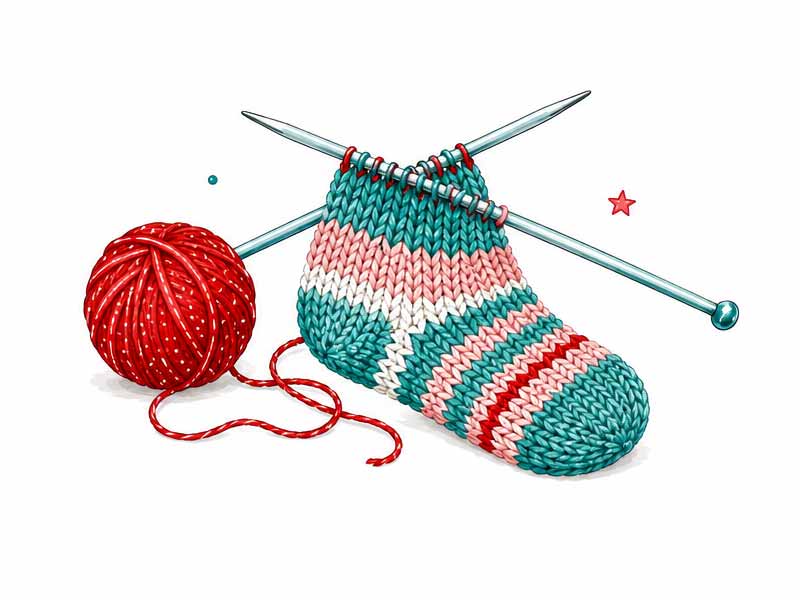 Rot-türkis gestrickte Socke auf Stricknadeln mit rotem Wollknäuel