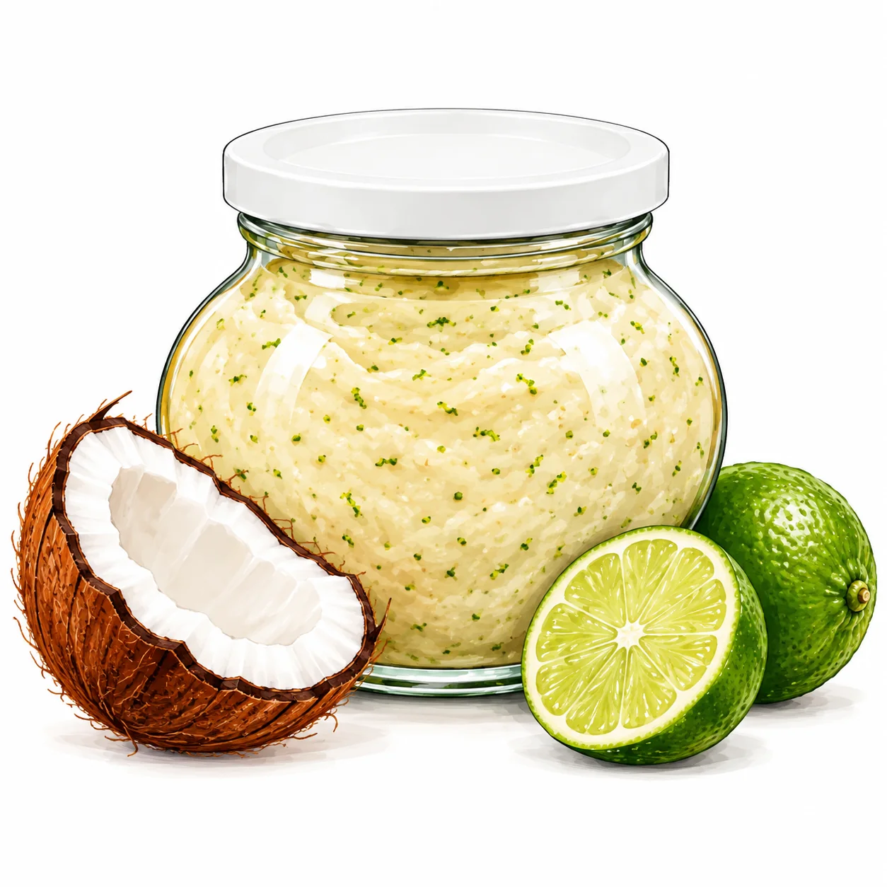 Glas mit Kokos-Limette-Paste und ihren Zutaten