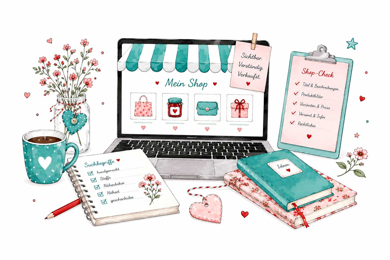 Aquarell-Illustration für Standfein Schaufenster: aufgeklappter Laptop mit Shop-Markise und Produktkacheln, Notizbuch mit Suchbegriffen (handgemacht, Stoffe, Nähzubehör, Nähset, Geschenkidee), Klemmbrett mit Shop-Check-Liste, Kaffeetasse und Blumen.