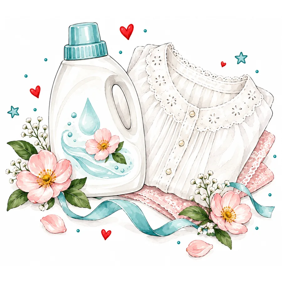 Illustration: Waschmittel-Flasche mit Tropfen-Motiv neben einer zarten Bluse mit Spitzenkragen und rosa Blüten