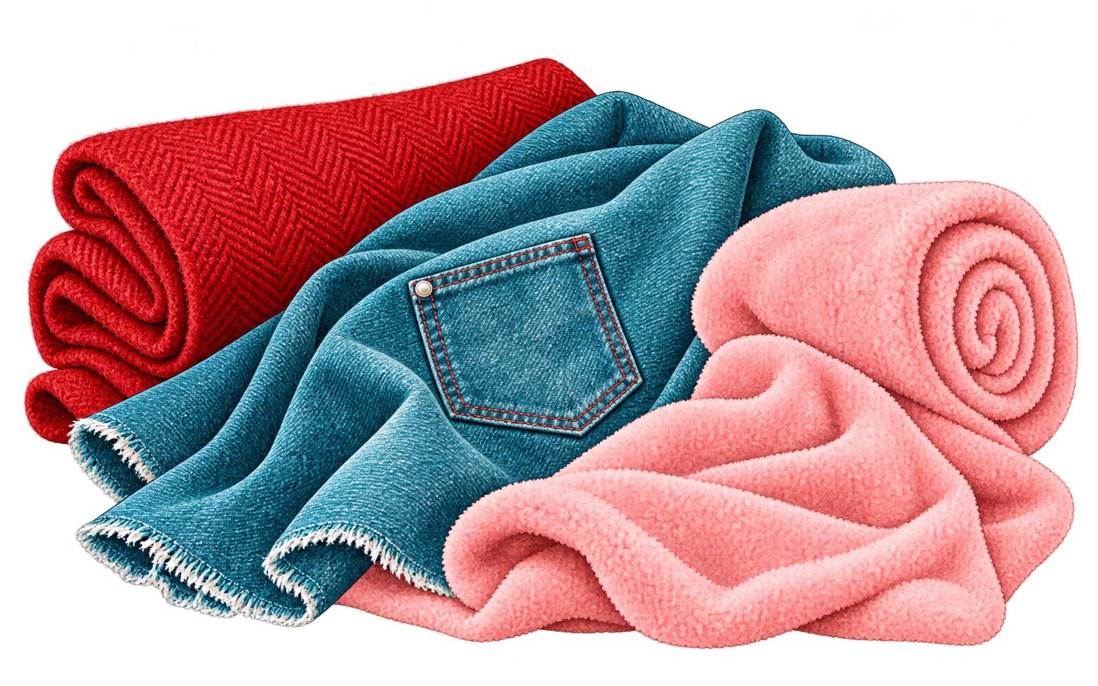 Wolle, Denim und Fleece in Rot, Petrol und Rosa