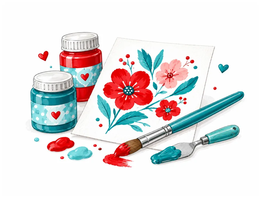 Gouache-Töpfchen in Rot und Petrol mit Herz-Etikett, Farbkrume und gemalten Blumen