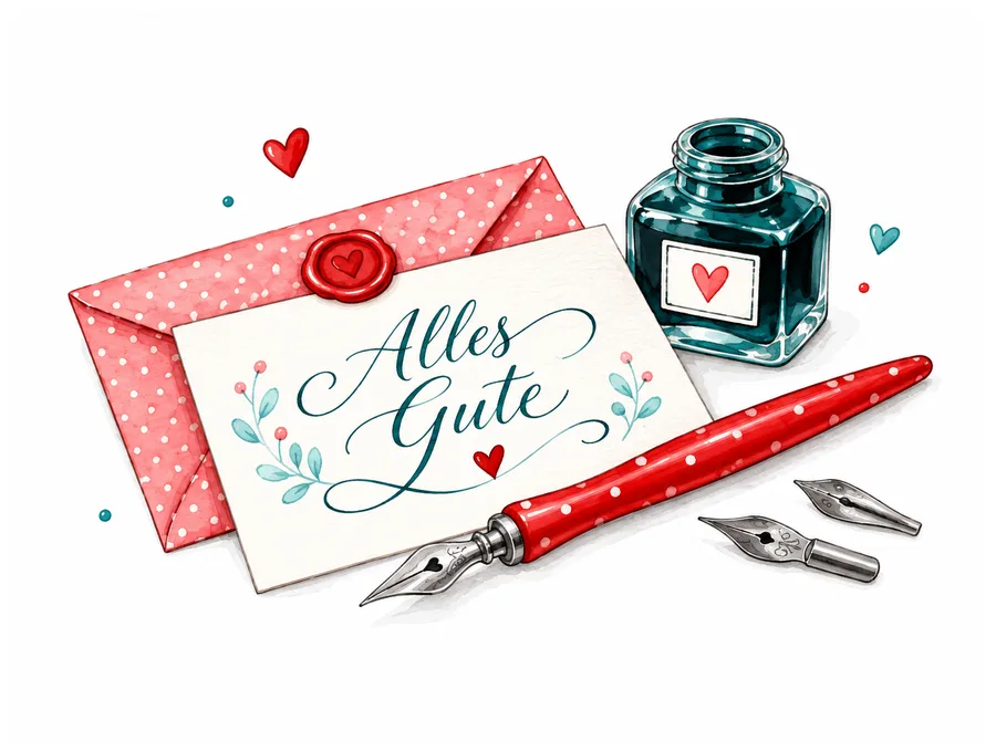 Kalligrafie-Federhalter mit rotem Stiel, Tintenfass und Karte mit „Alles Gute”