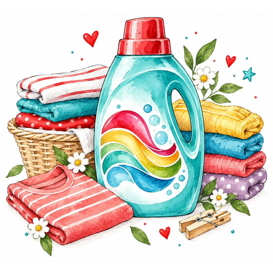 Illustration: Waschmittel-Flasche zwischen bunt gefalteten Tüchern und Wäschekorb