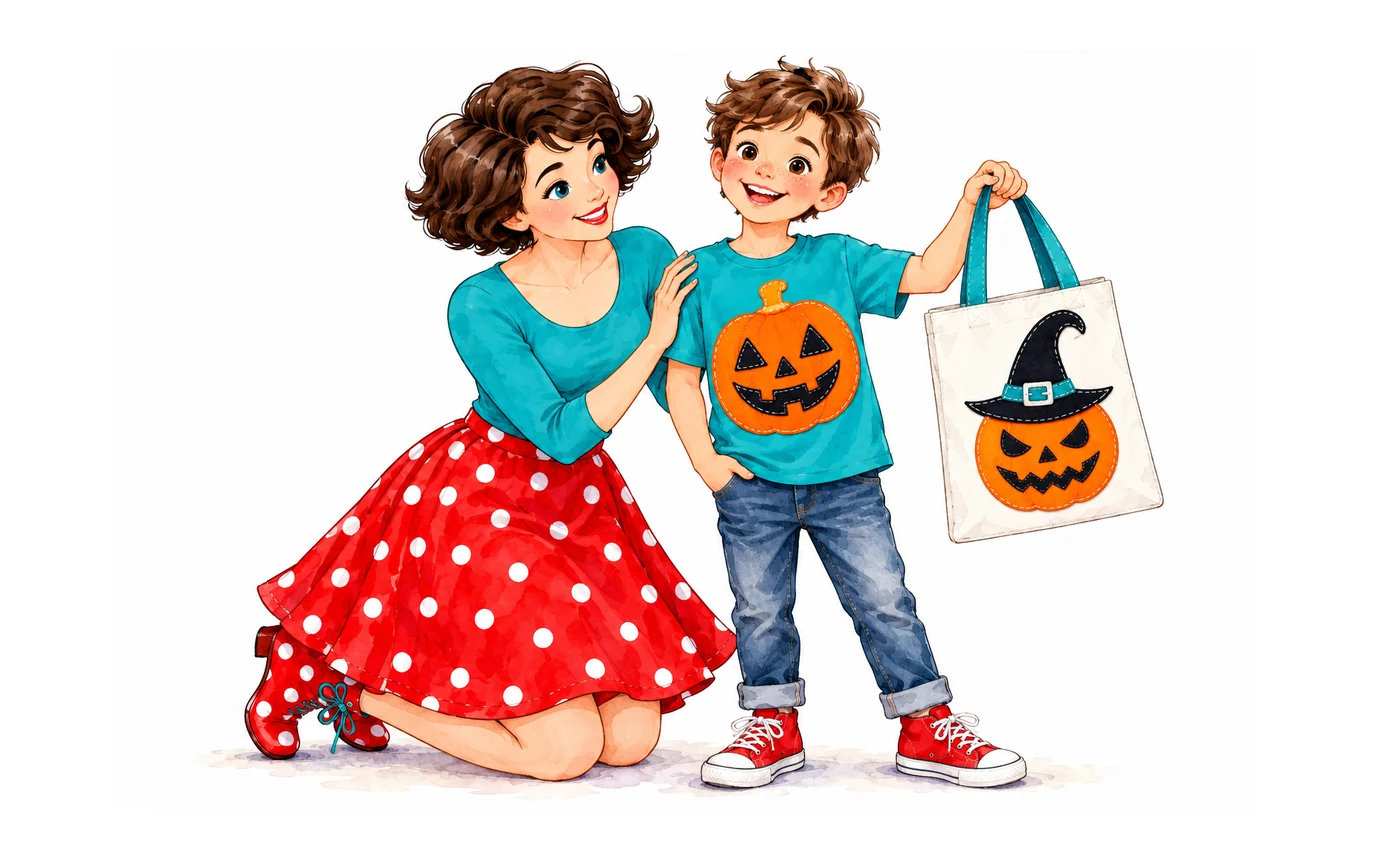 Tante Ema mit einem Jungen im Kürbis-T-Shirt, der eine Stofftasche mit Hexenhut-Kürbis hochhält