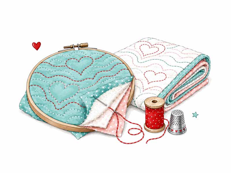 Quilt-Stickrahmen mit türkisen Herzen, roten Nähten, Garnrolle und Fingerhut