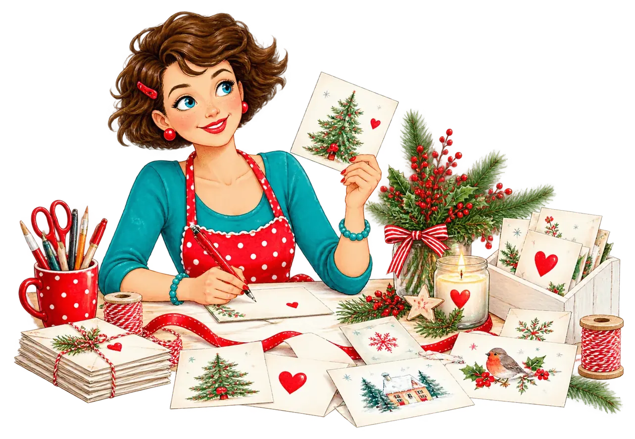 Ema schreibt am Schreibtisch Weihnachtskarten, daneben eine Kerze und Tannengrün