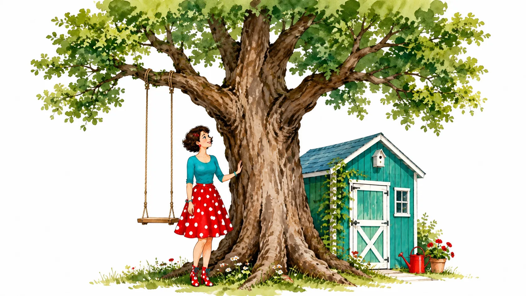 Illustration: Tante Ema steht an einem großen alten Baum mit Schaukel, daneben ein kleines grünes Gartenhäuschen