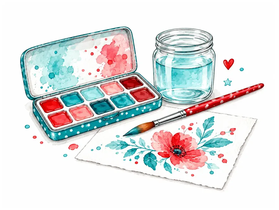 Aquarellkasten mit Farben in Rot, Rosa und Petrol, Wasserglas und gemalter Mohnblume
