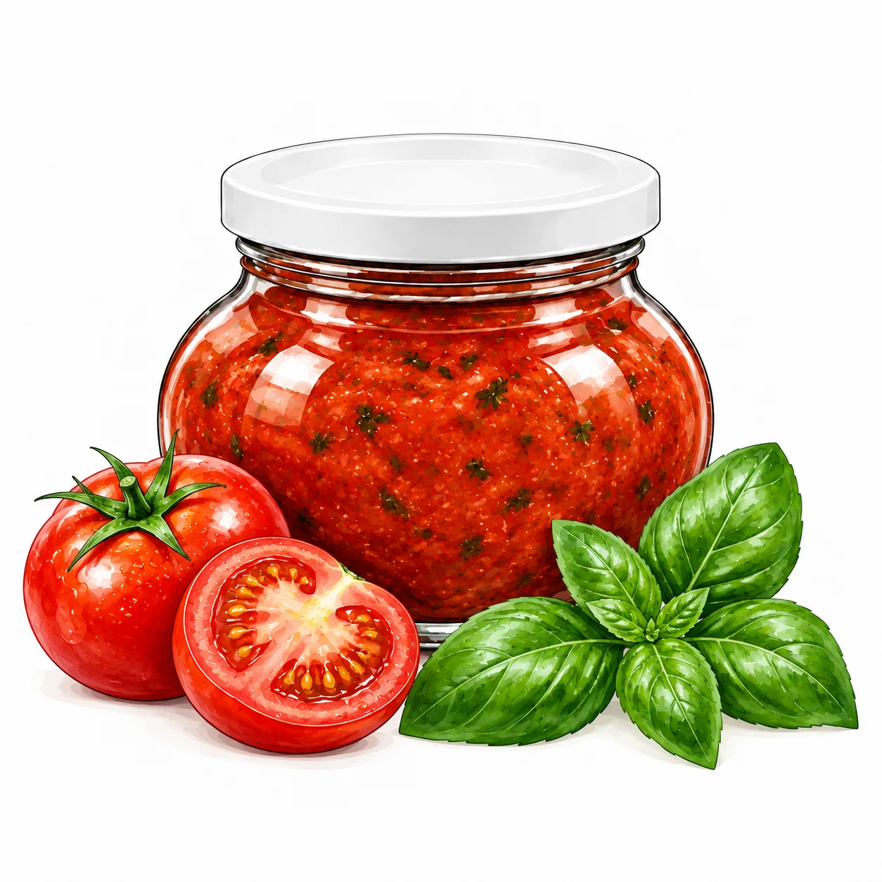 Glas mit Tomate-Basilikum-Paste und ihren Zutaten