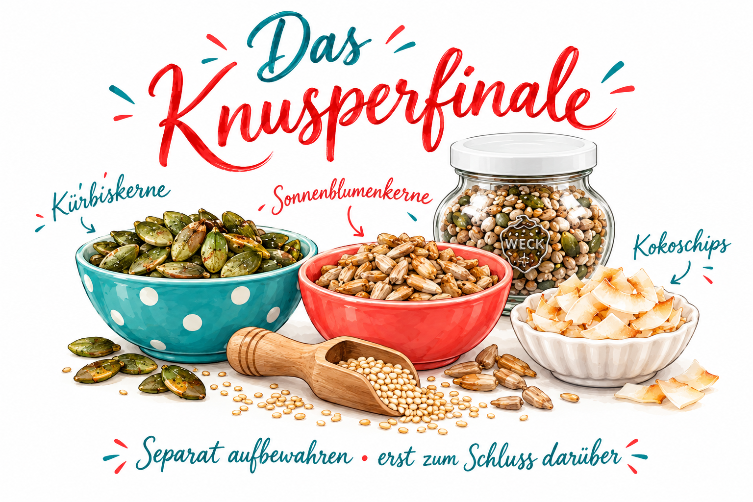 Das Knusperfinale: Kürbiskerne, Sonnenblumenkerne und Kokoschips — separat aufbewahren, erst zum Schluss darüber