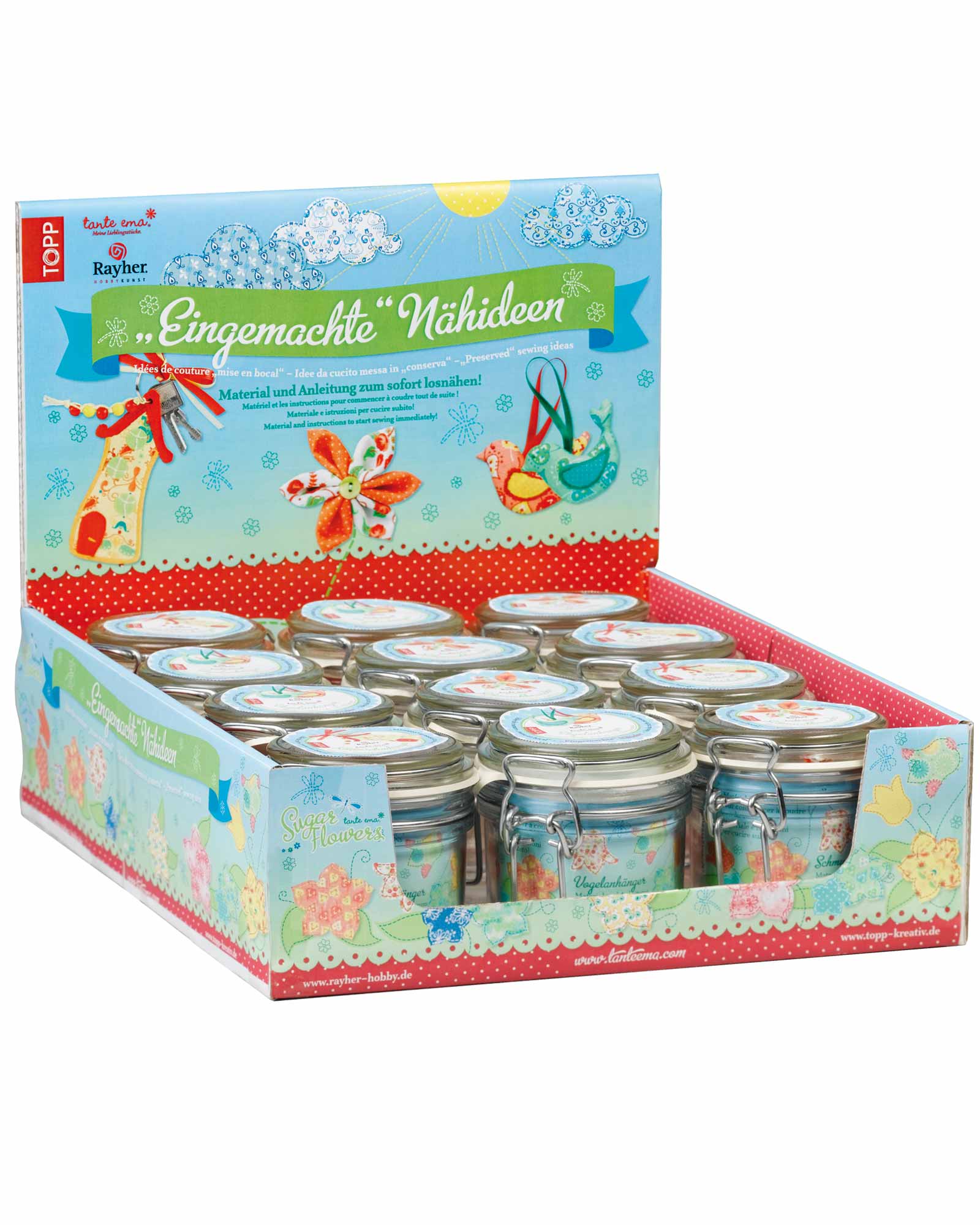 Display-Box „Eingemachte Nähideen" mit Einmachgläsern voller Nähprojekte