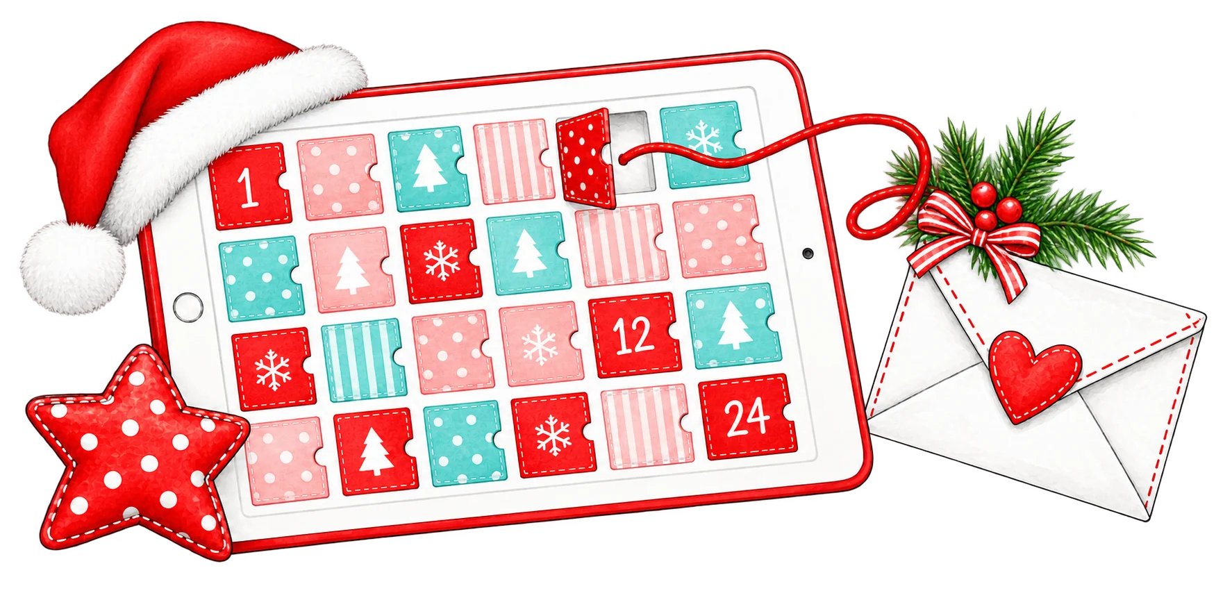 Tante Emas digitale Türchenpost: Tablet mit Adventskalender, Weihnachtsmütze, rotem Stoffstern und Herzbrief