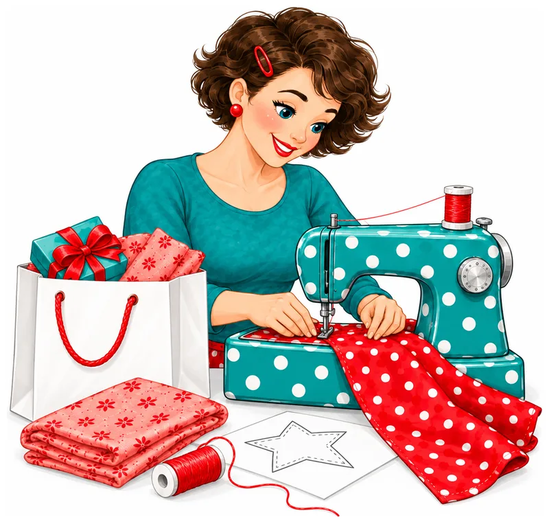 Tante Ema näht an einer petrolfarbenen getupften Nähmaschine rote Geschenksäckchen