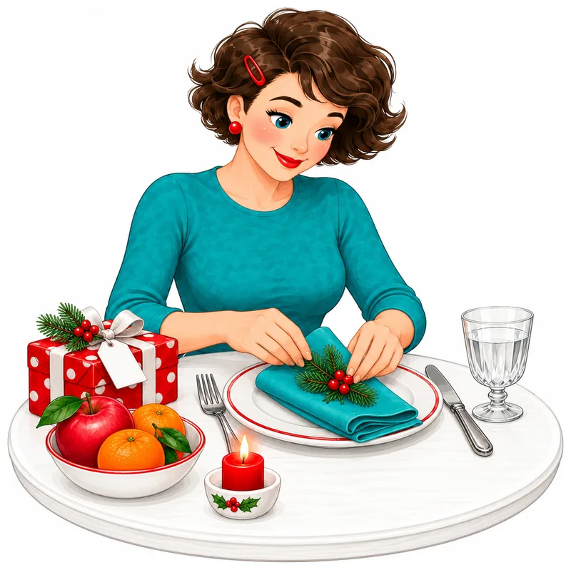 Tante Ema legt eine getupfte Serviette mit Tannenzweig auf den gedeckten Weihnachtstisch