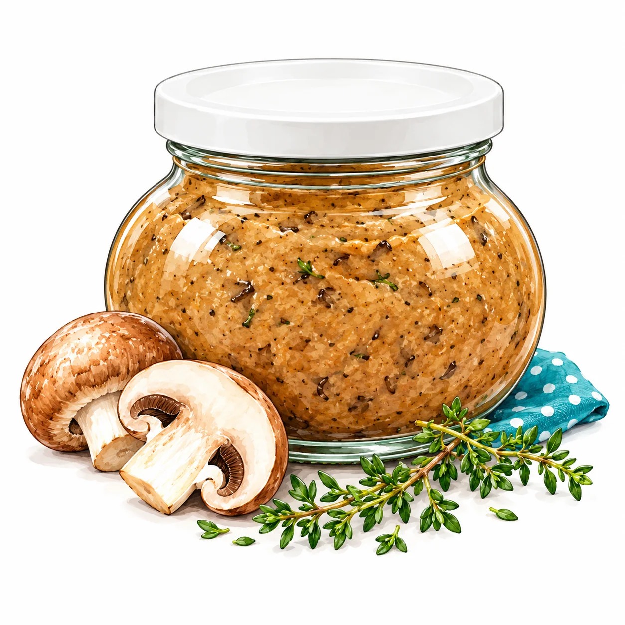 Glas mit Pilz-Thymian-Paste und ihren Zutaten