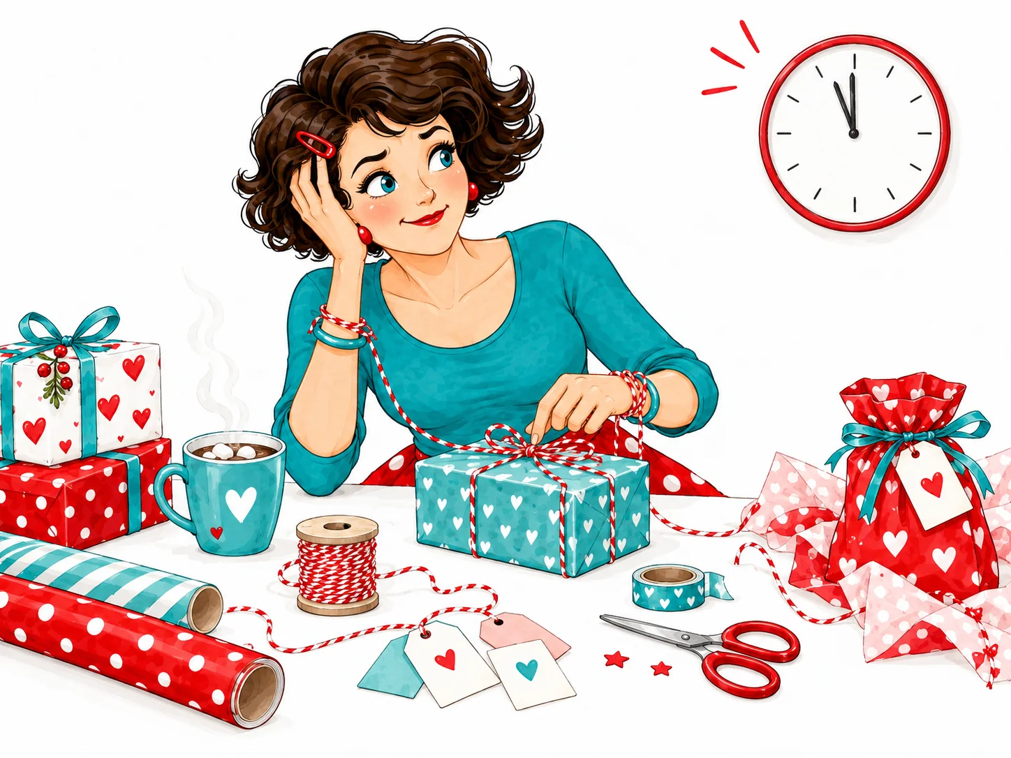 Tante Ema wickelt in letzter Minute Geschenke, neben ihr die Uhr