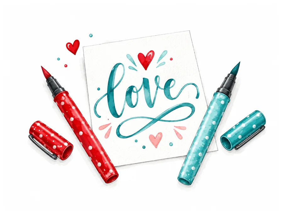 Zwei Pinselstifte in Rot und Petrol mit Tupfen neben gelettertem Wort „Love” auf Papier
