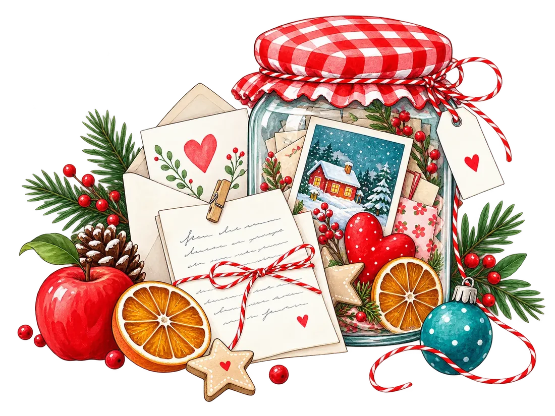 Glas mit Weihnachtsbriefen, Karten und kleinen Erinnerungen