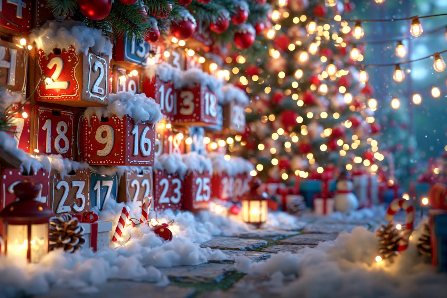 Festlich beleuchteter Adventskalender mit roten und goldenen Türchen im Schnee, umrahmt von einem geschmückten Weihnachtsbaum