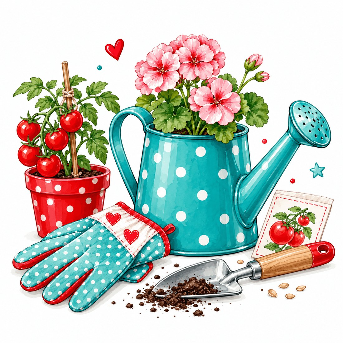 Türkise Gießkanne mit Geranien, Tomatenpflanze, Gartenhandschuhe, Pflanzschaufel und Samentütchen