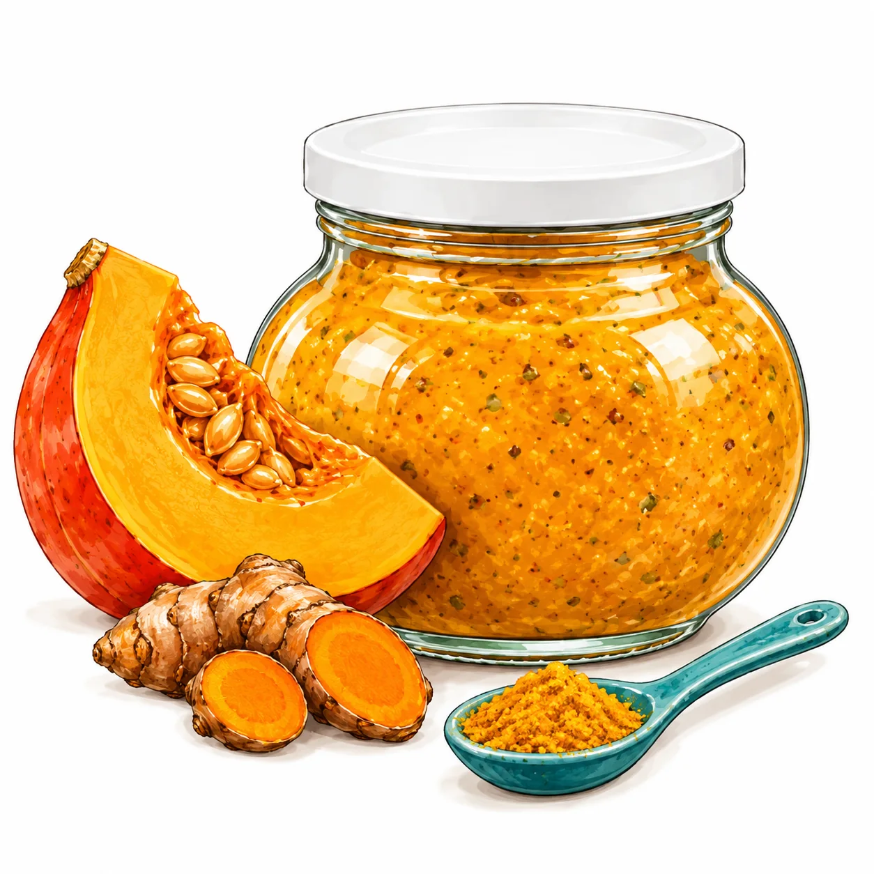 Glas mit Kürbis-Kurkuma-Paste und ihren Zutaten