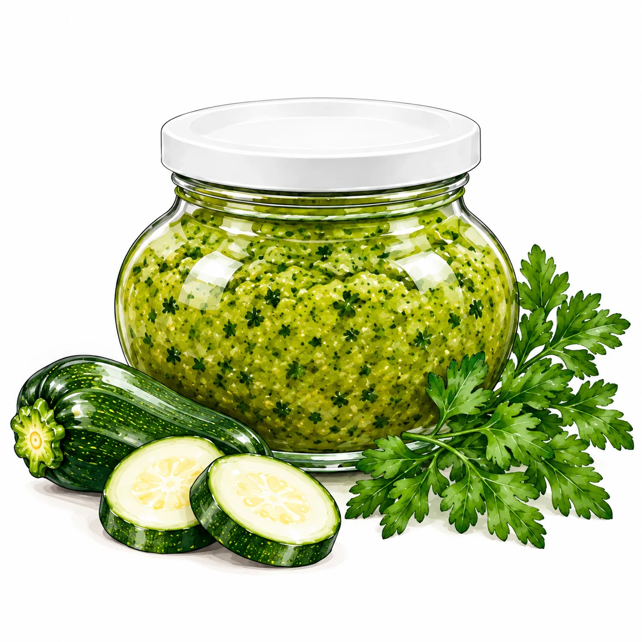 Glas mit Zucchini-Petersilie-Paste und ihren Zutaten