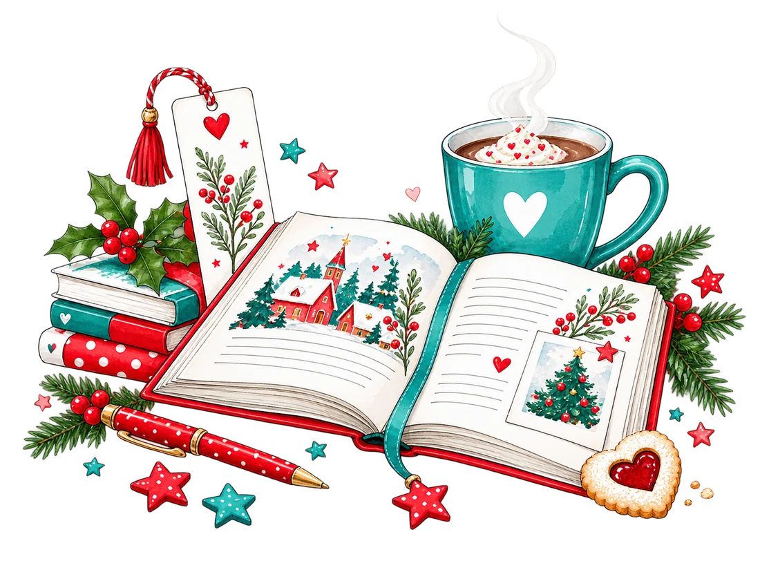 Aufgeschlagenes Buch mit Weihnachtsgeschichte und warmem Kakao