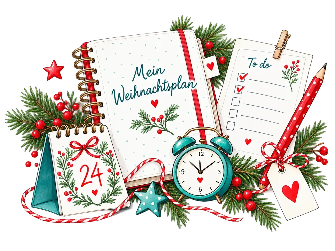 Illustrierter Weihnachtsplan mit Kalender, Stift und Wecker
