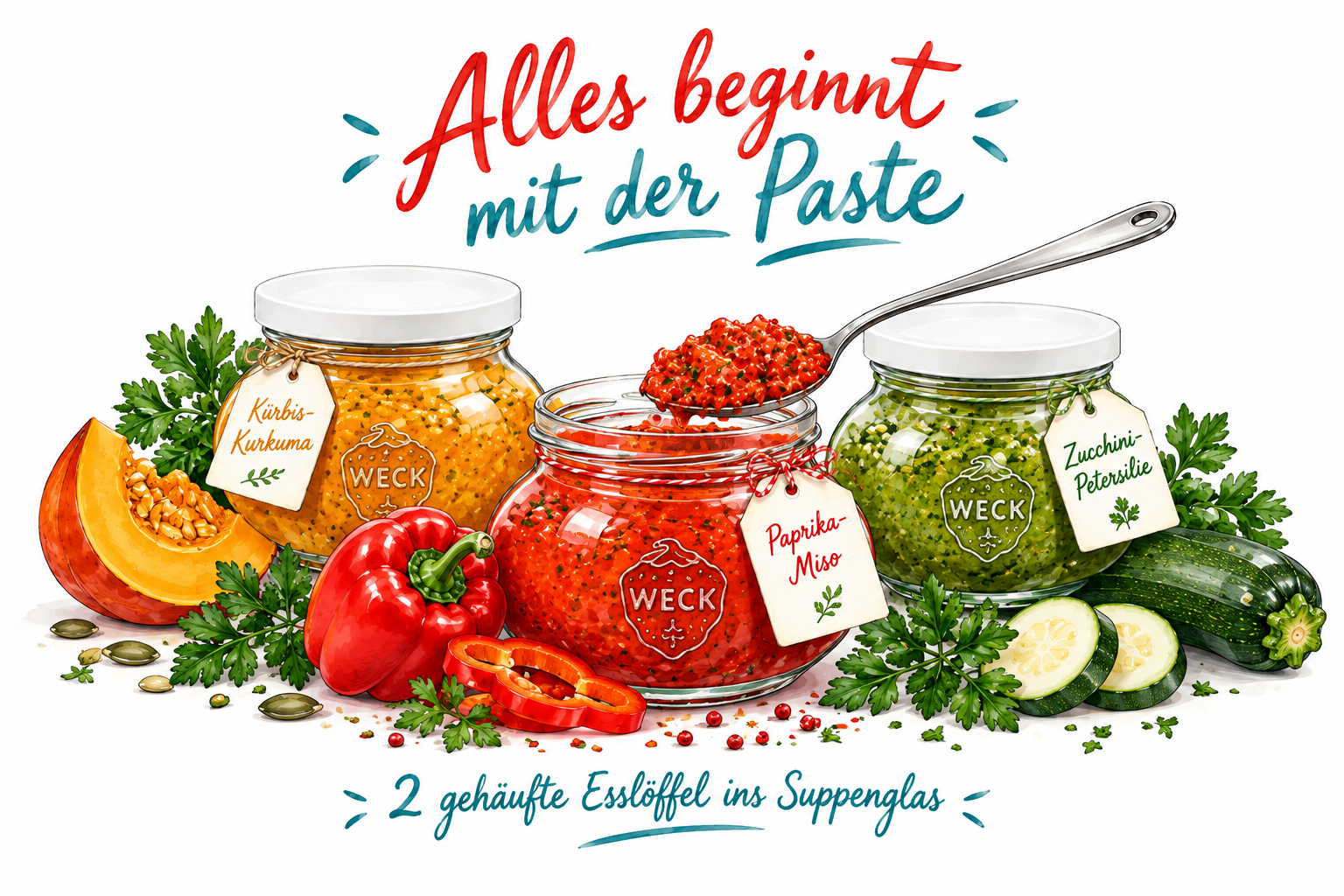 Alles beginnt mit der Paste: drei WECK-Gläser mit Kürbis-Kurkuma, Paprika-Miso und Zucchini-Petersilie, 2 gehäufte Esslöffel ins Suppenglas
