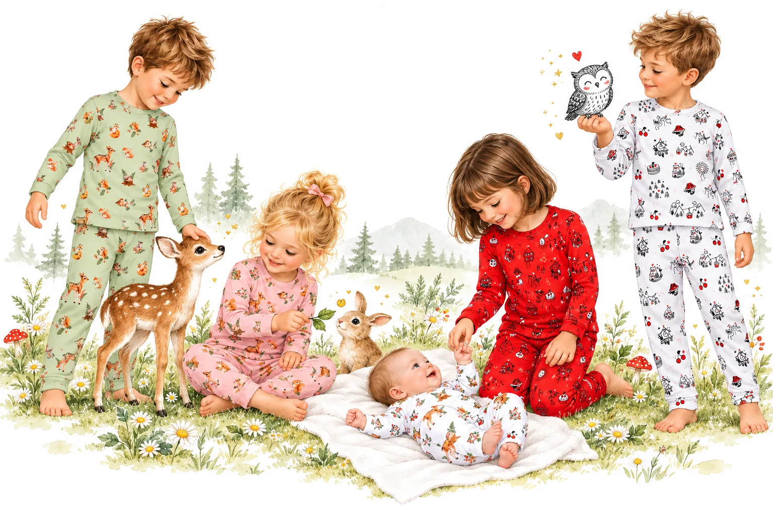 Fünf Kinder in bunten Tante-Ema-Schlafanzügen mit Waldtier-Mustern – mit Rehkitz, Hase und Eule auf einer Wiese