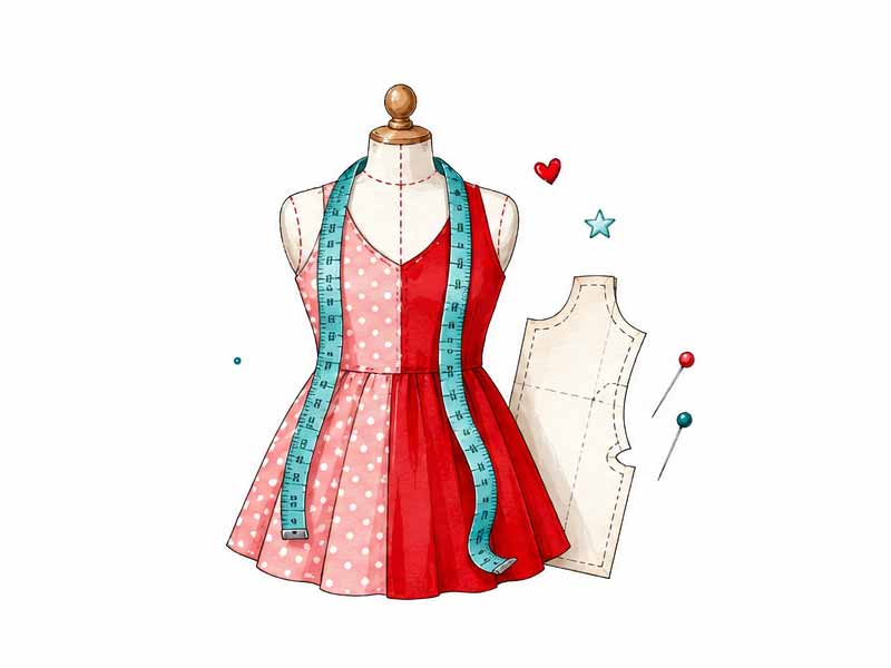 Schneiderpuppe mit rot-rosa Kleid, Maßband und Schnittmuster