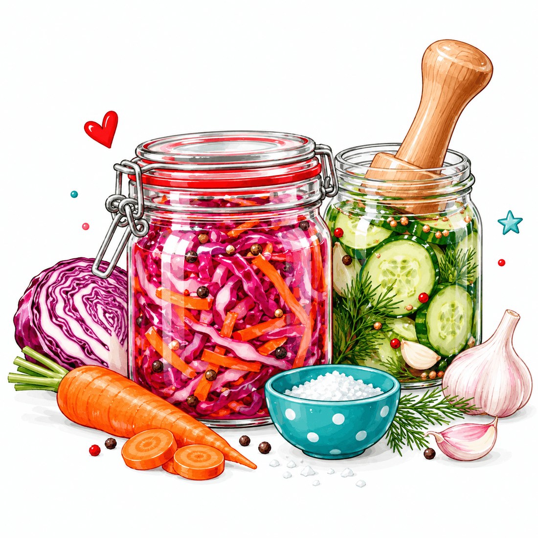 Fermentiertes Rotkraut und eingelegte Gurken in Bügelgläsern mit Möhren, Knoblauch, Dill und Salz