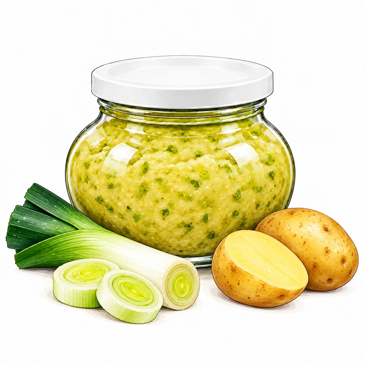 Glas mit Lauch-Kartoffel-Paste und ihren Zutaten