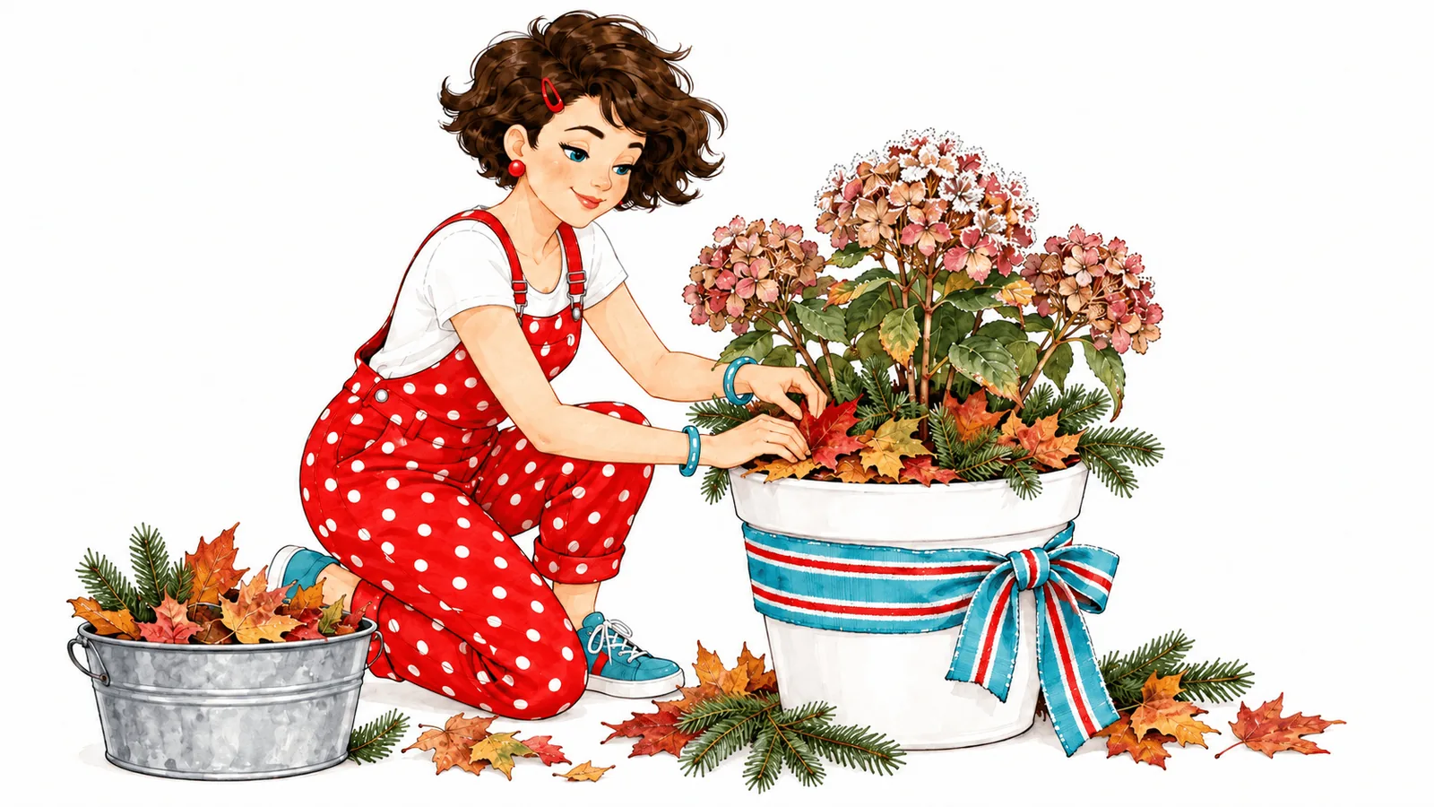 Tante Ema schützt eine Hortensie im Kübel mit Laub, Tannenzweigen und einer Schleife