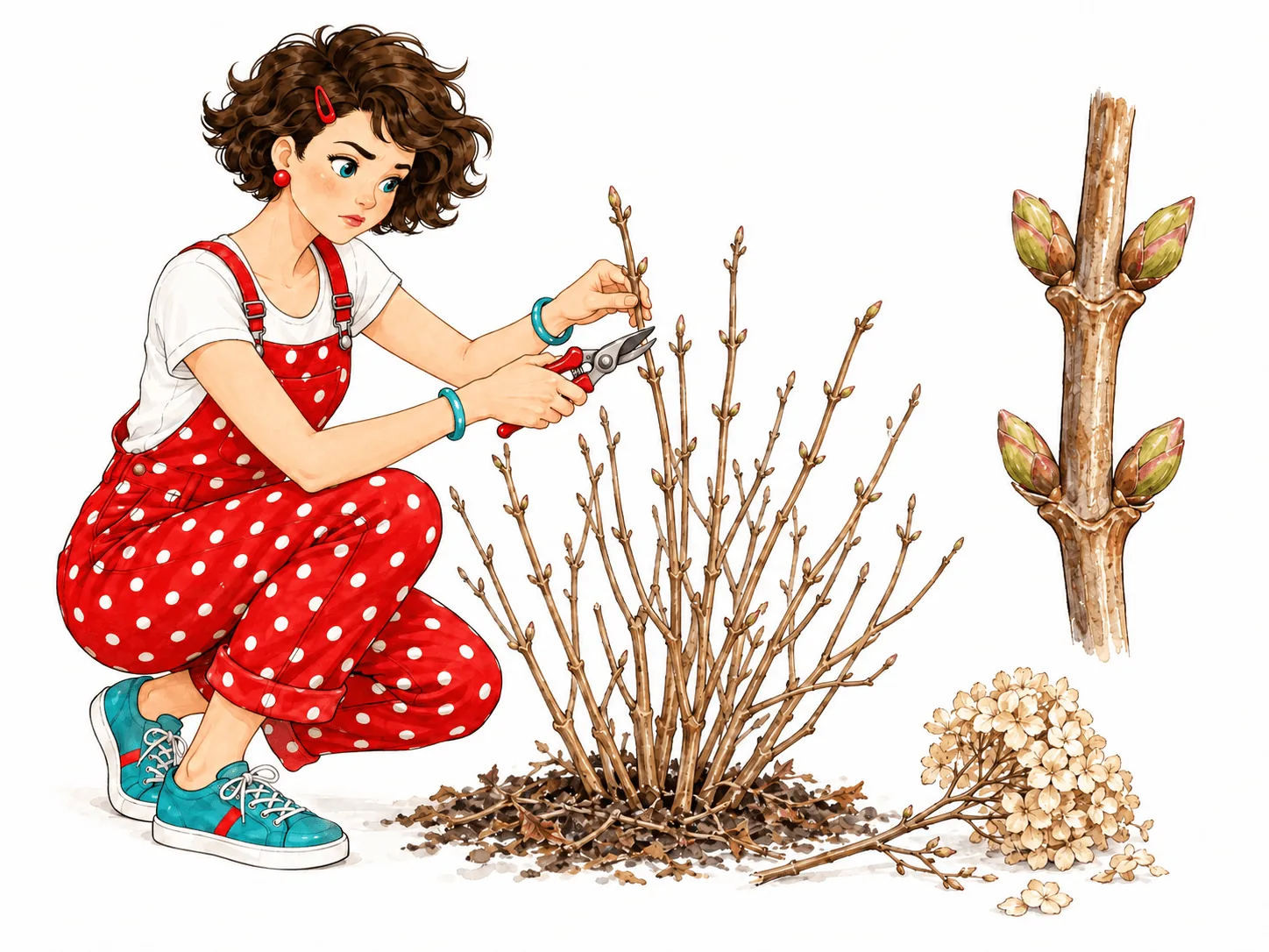 Tante Ema zeigt den richtigen Schnitt an einer Hortensie und die geschwollenen Knospenpaare