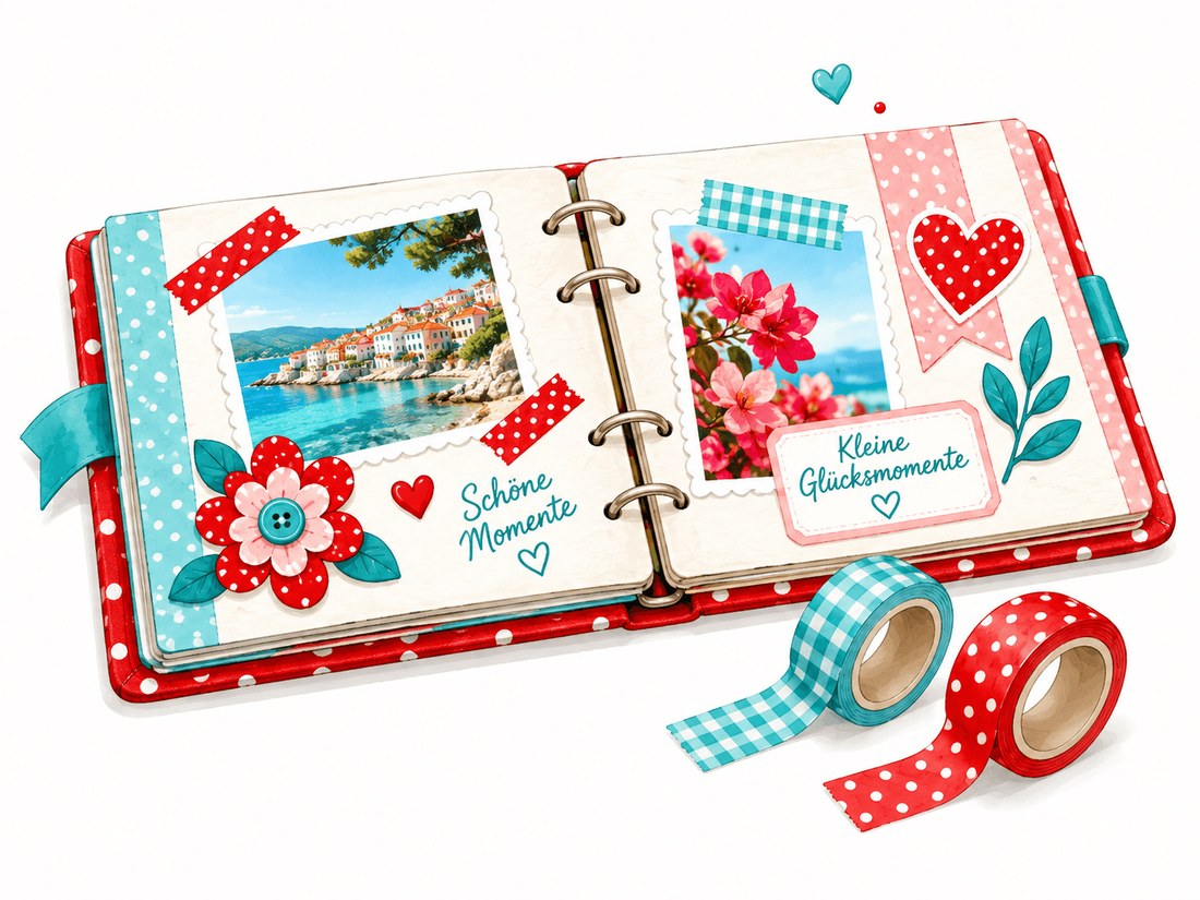 Aufgeschlagenes Fotoalbum mit eingeklebten Urlaubsfotos, Washi-Tape und dem Schriftzug „Schöne Momente“