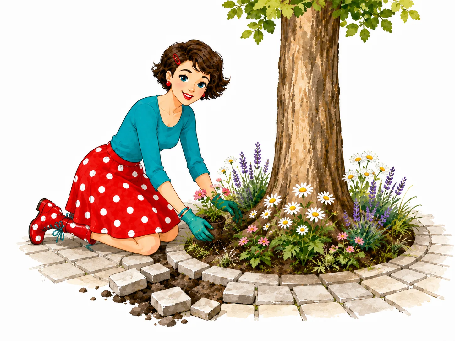 Illustration: Tante Ema kniet an der Baumscheibe und pflanzt Blumen rund um den Stamm, Pflastersteine wurden entfernt