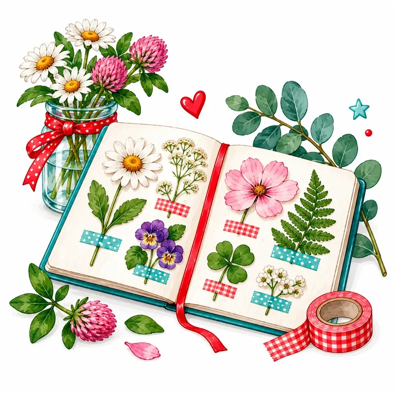 Aufgeschlagenes Herbarium mit gepressten Blumen und Blättern, festgeklebt mit kariertem und getupftem Washi-Tape