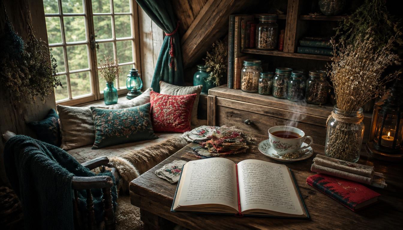 Tante Emas Erzählecke mit aufgeschlagenem Buch, Tee und getrockneten Kräutern