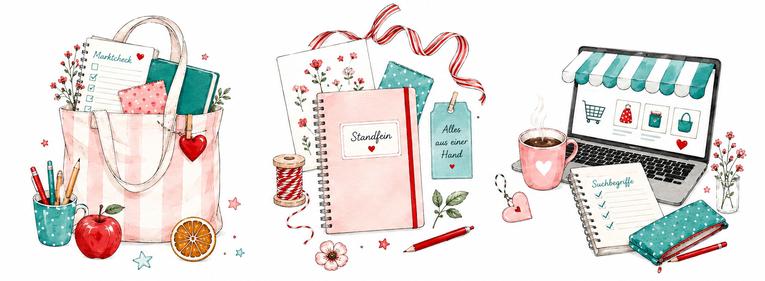 Aquarell-Illustration der drei Standfein-Pakete: Markttag (Markttasche mit Marktcheck-Liste), Komplett (rosa Notizbuch mit Herz und Etikett „Alles aus einer Hand“) und Schaufenster (Laptop mit Shop-Markise und Suchbegriffe-Liste).