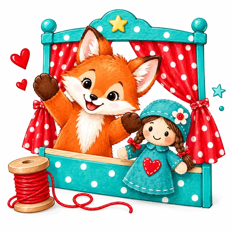 Puppentheater in Petrol mit rotem Tupfenvorhang: Fuchs-Handpuppe und Stoffpuppe mit Zöpfen winken heraus